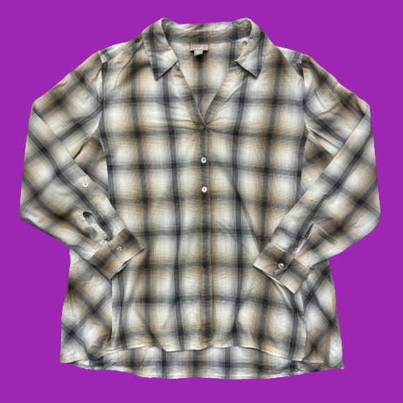 J. Jill Plaid Brown Tan Button Down V-Neck Shirt Women's Size Large Petite - Picture 1 of 10